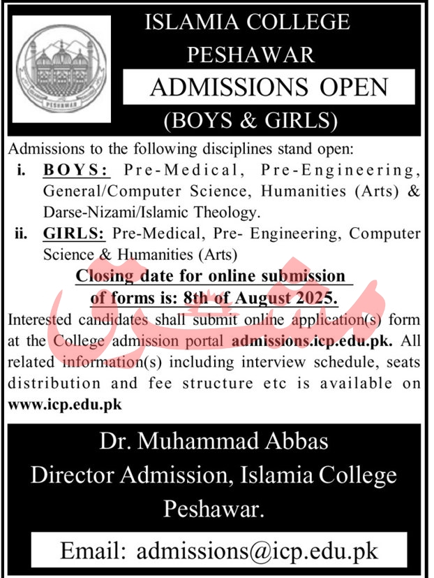 Admission Open in Islamia College Peshawar